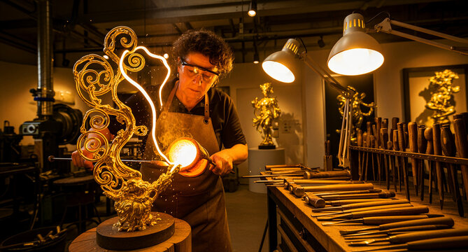 Female artisan pouring molten metal into a golden sculpture. Skilled craftswoman using traditional casting techniques in a workshop. Creative craftsmanship concept for fine art and metalworking.
