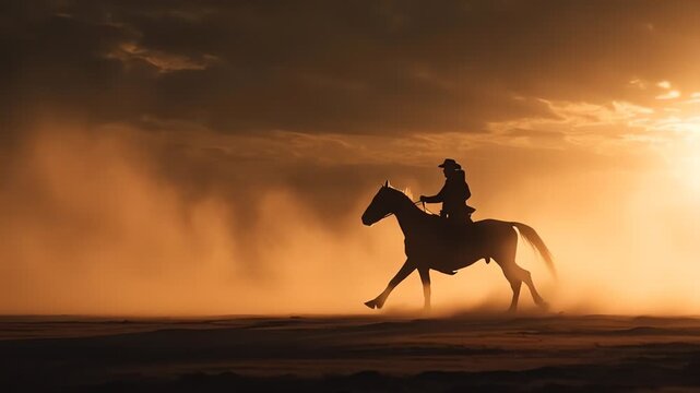 Majestic cowboy on horseback galloping through golden dust at dramatic sunset, wild west journey