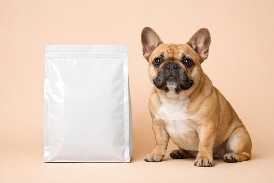 cute french bulldog sits next to white food bag mockup on beige background, professional studio portrait, pet nutrition, animal care, dog supplies, healthy diet, branding, puppy, organic