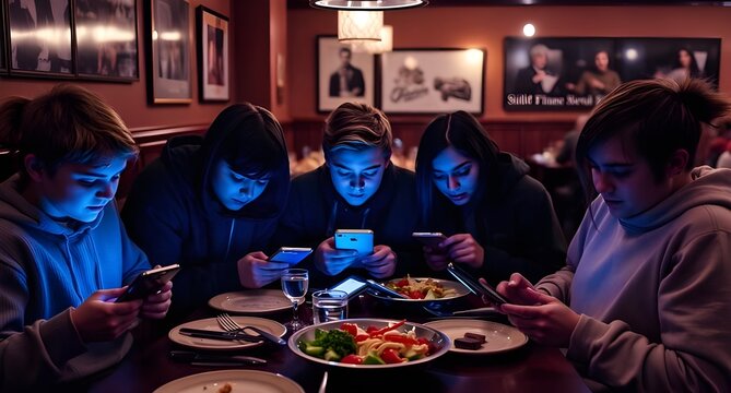 Group of Teenagers Ignoring Each Other While Using Smartphones During Dinner at Restaurant