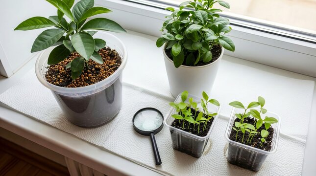 Potted Houseplants and Magnifying Glass on Windowsill