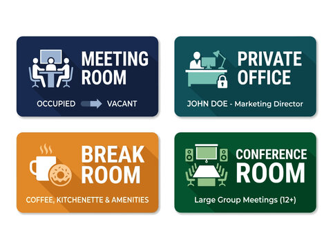 Flat vector office signs indicate meeting room, private office, break room and conference room areas