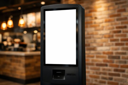 self service ordering kiosk mockup with blank white screen in cozy cafe or restaurant setting concept of hospitality restaurant retail