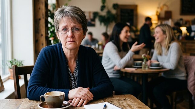 Sad middle aged woman sitting in cafe alone, feeling lonely and excluded while others talk in background