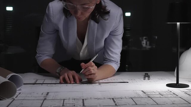 Female architect working late at night, drafting blueprints and engineering plans in a dark office. Business and architect people concept