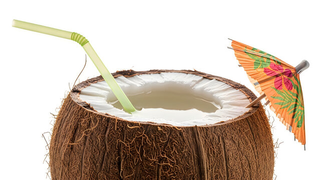 Coconut drink with umbrella and straw on white background