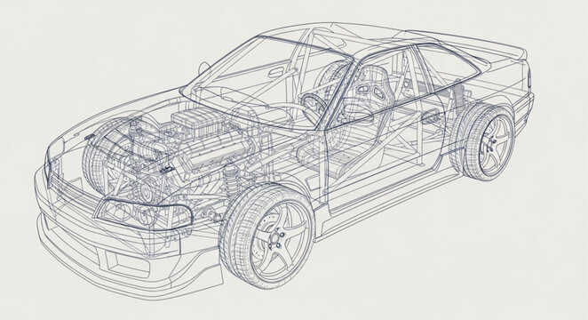 Detailed technical drawing of a modern cars internal mechanics.