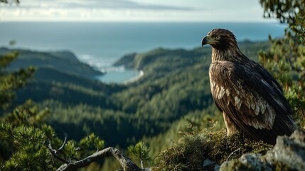 Fototapeta premium A brown eagle perches on a tree branch overlooking a scenic valley and ocean.