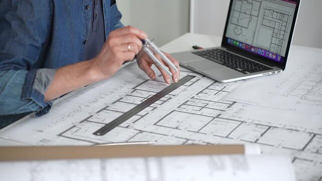 Architect sketching building plans on paper using a ruler and pen while working digitally on a laptop with a blueprint software displaying a floor plan