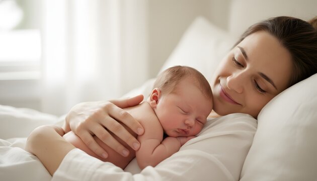 Affectionate mother holding newborn baby in a hospital bed after childbirth for a motherhood and postnatal care concept featuring tender bonding and emotional recovery