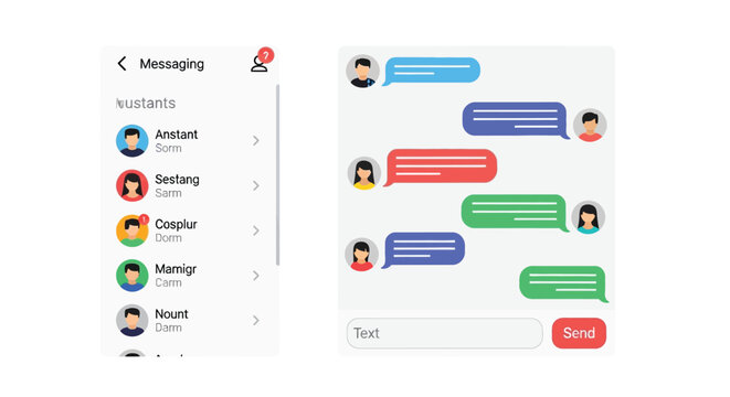 Modern digital messaging interface showcasing a contact list with user avatars and a chat conversation window with colorful speech bubbles representing online communication