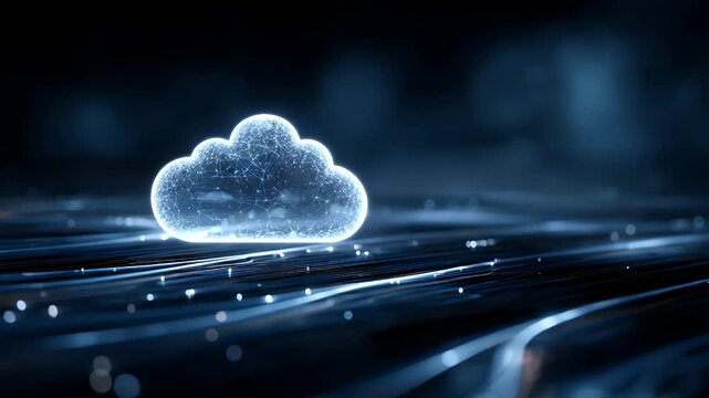 Glowing abstract digital cloud network connecting data streams with illuminated particles and flowing light on dark background representing cloud computing and futuristic technology concept.