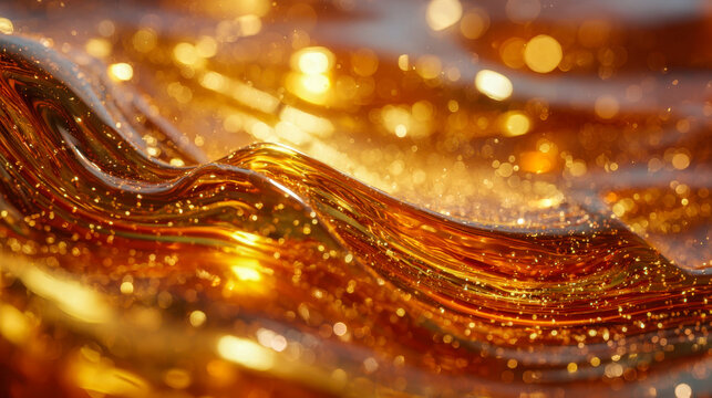 Vibrant flowing golden liquid with sparkling particles creating a mesmerizing and dynamic abstract background filled with warm glowing light effects