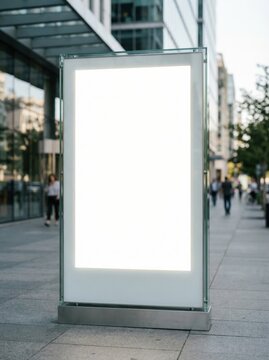 city billboard mockup vertical, illuminated outdoor advertising board on street, blank light box poster mockup city sidewalk blurred people, street level advertisement mockup board