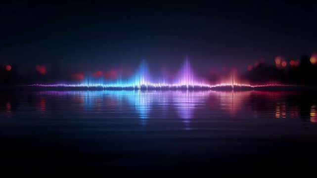Dynamic sound wave visualization over calm water at night with blurred city lights reflection, ambient electronic music audio meter graphic, digital equalizer display.