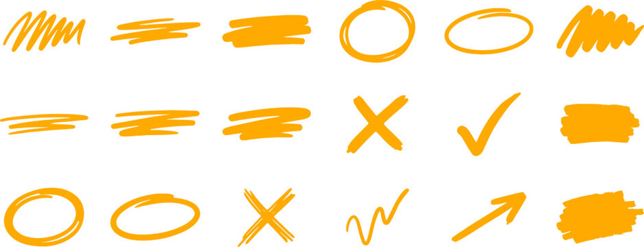 Collection of orange abstract marks and symbols on white background icon
