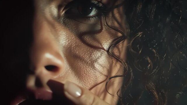 Close-up of a woman's face with a hand covering her mouth, intense gaze, dramatic lighting, curly hair