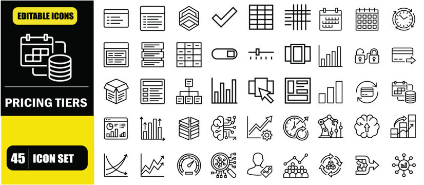 Pricing Tiers Icon Set &ndash; Subscription Levels, Service Packages, Pricing Plans, SaaS Models, Cost Comparison and Plan Selection Line Icons &ndash; Thin Line Editable Stroke Vector Illustration for UI UX, Web