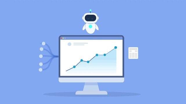 Minimal flat animation of a desktop monitor displaying a rising data chart with connected nodes, a robot assistant, and a document file icon, representing AI analytics, file processing, and data workf