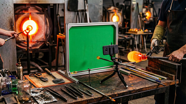 Professional Glassblowing Workshop with Filming Gear and Green Screen