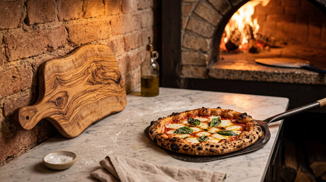 Fresh Neapolitan Pizza with Basil by Wood Fired Brick Oven Background