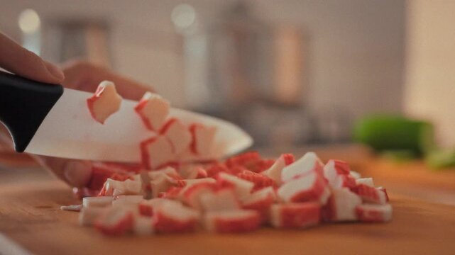 Bright crab sticks are sliced by a woman chef's skilled hands on a kitchen counter, mixed with fresh vegetables and herbs as she cooks a home-cooked meal, showcasing careful preparation in a kitchen