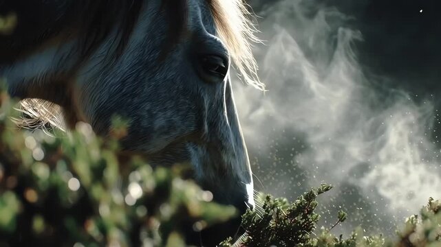 Close-up of a wild horse breathing vapor in the cold morning light amidst green bushes