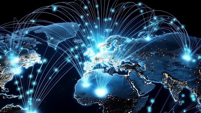 Global network connections illuminate Earth at night dynamic display showing data flow across continents and oceans digital connections transmitting information worldwide.