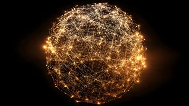 Glowing golden network sphere on black background, connections and lines