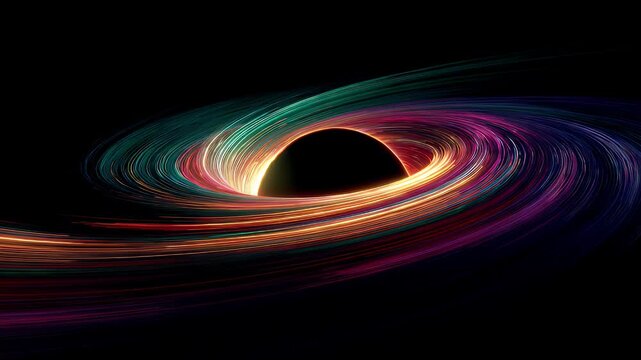 Abstract cosmic vortex representing black hole with vibrant colorful light trails in spiral motion as cinematic space footage showcasing gravity event horizon effect for scientific background.