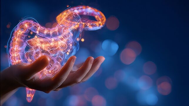 3D hologram of the human digestive system, including the stomach and intestines, floating above a person's hand. 