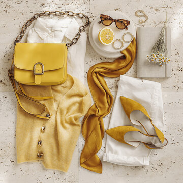 Luxury fashion flat lay in radiant golden yellow and warm ivory. Saffron leather crossbody bag, golden cashmere cardigan, marigold suede mules and white linen shirt on creamy travertine stone.