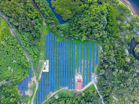 Aerial view of a solar panel array surrounded by dense tropical forest and lush greenery near the water in Guanaja, Bay Islands Department, Honduras.