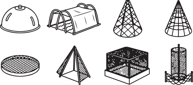 Collection of eight colorful geometric wireframe shapes icons Vector