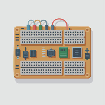 Electronic breadboard circuit board with colorful wires and components