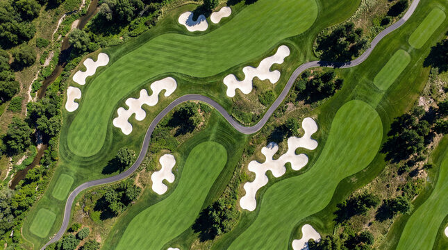 Aerial view of luxury golf course green with sand bunkers and paths.