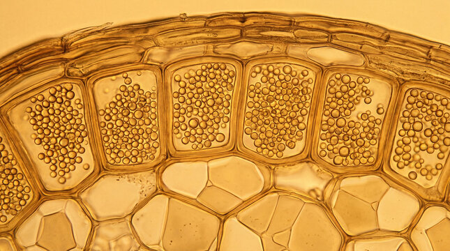 Microscopic Plant Cell Structure with Golden Granules and Wall