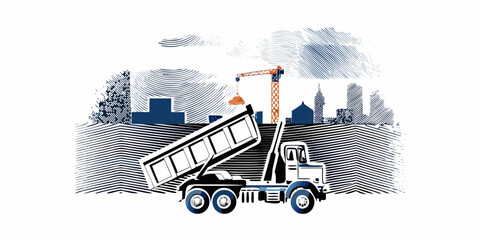 Construction scene featuring a dump truck crane and city skyline © Dipu
