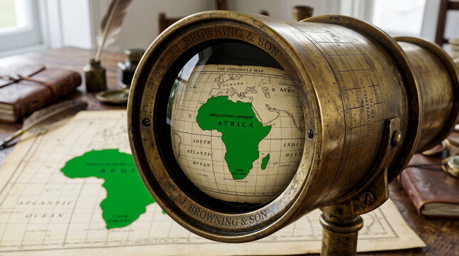 Vintage Brass Telescope Focused on Green Africa Map and Antique Globe