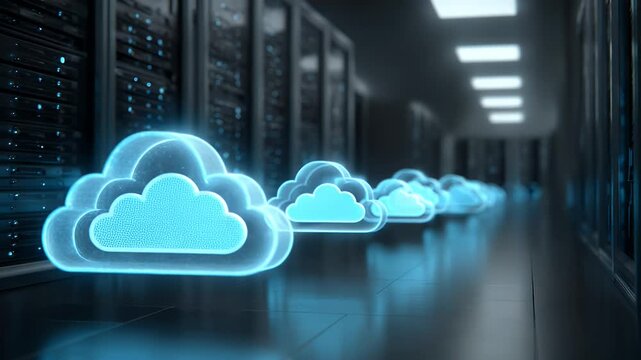 Floating glowing cloud storage icons move through digital data center corridor with server racks in background representing cloud computing services and high speed internet network connection.