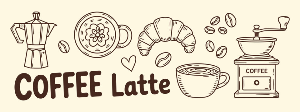 Whimsical coffee morning sketch set, hand drawn vector illustration with coffee cup, croissant, beans, grinder, and geyser coffee maker, chalk crayon ink doodle style for breakfast menus, posters.