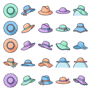 Pastel Women's Summer Hats Vector Set - Beach Sunhat Fashion Accessory Collection