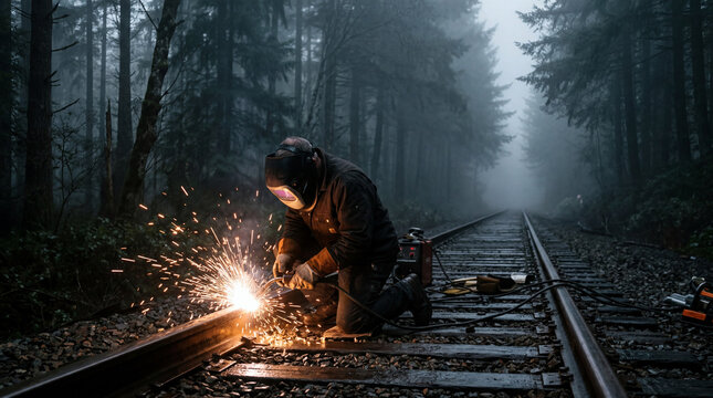 Industrial Welder Repairing Railway Tracks in a Foggy Forest Morning