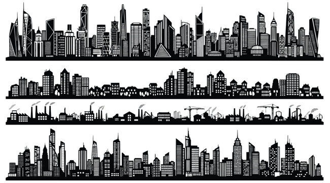 Set of city skylines silhouettes, urban landscape collection
