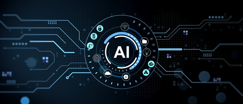 Artificial intelligence interface with digital circuit elements and futuristic tech symbols glowing across a dark high‑tech background in modern technology style. 3D Rendering
