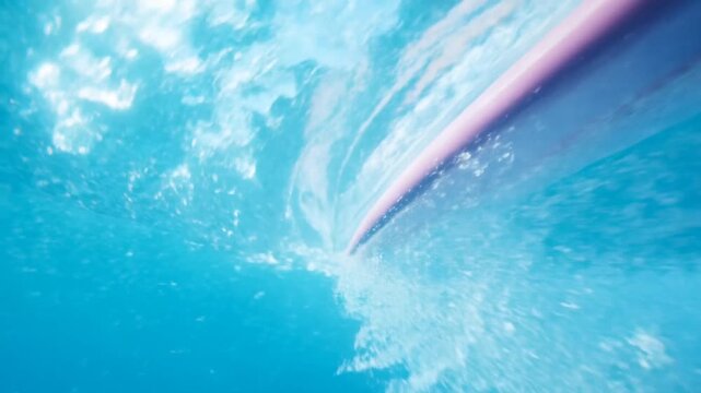 Tracking shot of surfboard hull slicing through turquoise water just below surface with splashing spray in open ocean