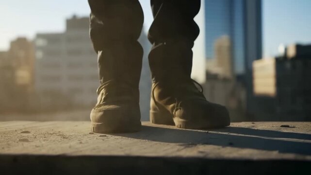 Slow motion tracking shot of boots stepping and stirring dust on concrete rooftop with city skyline in morning golden light