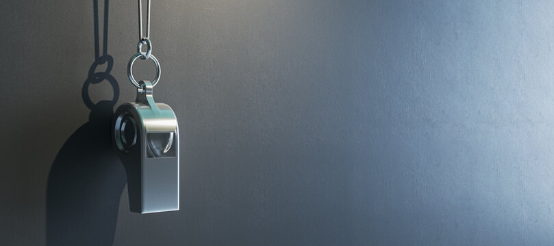 Metal whistle hanging on wall with soft light against an abstract background, showcasing a minimal sports concept in a calm reflective atmosphere. 3D Rendering