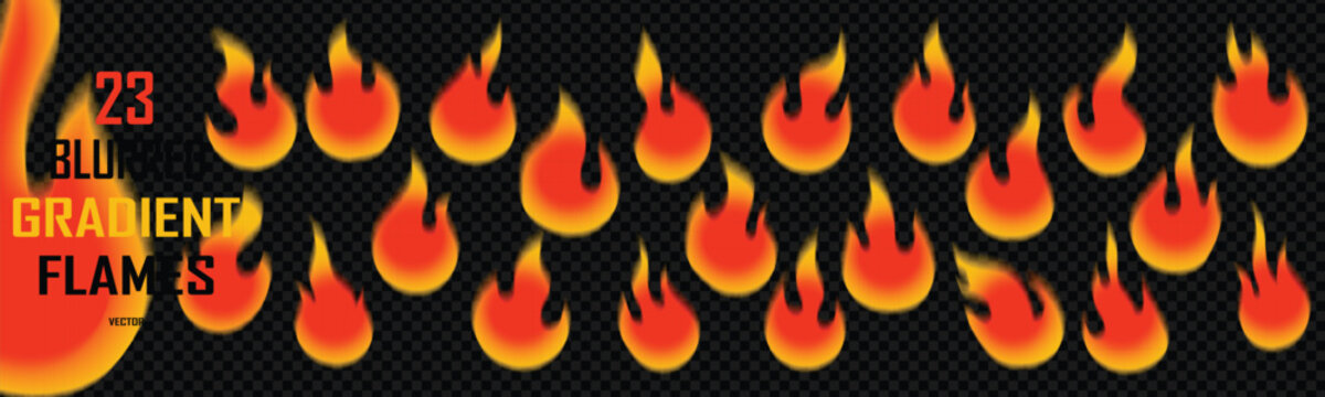 Set of 23 gradient flames fire icons glowing flame shapes vector collection isolated on transparent background