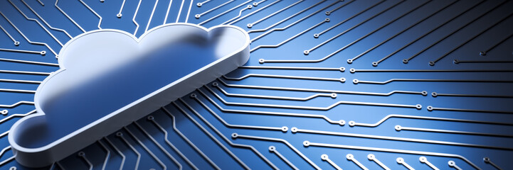 Cloud technology symbol on electronic circuit background representing digital data network...
